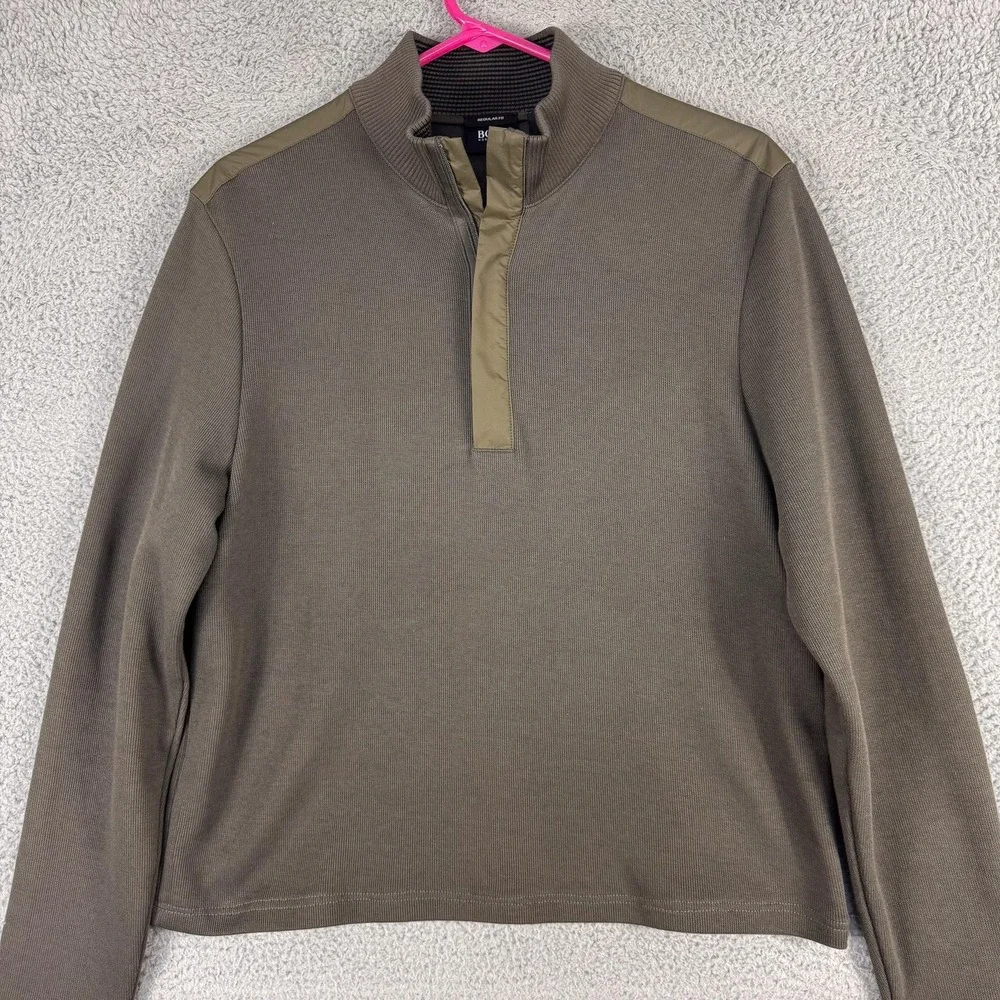 Hugo Boss Sweater Mens Medium Olive Green Mock Neck Snap Placket Regular Fit - Picture 1 of 12